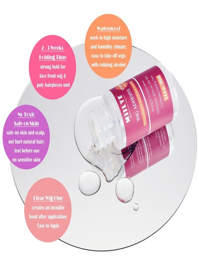 MIILYE Clear Wig Glue Pack, 3.4OZ/100ml Waterproof Adhesive for Toupee Hair Replacement, Strong Hold Acrylic for Front Lace Wig, With Melting Band, Brush and Caps - Image 2